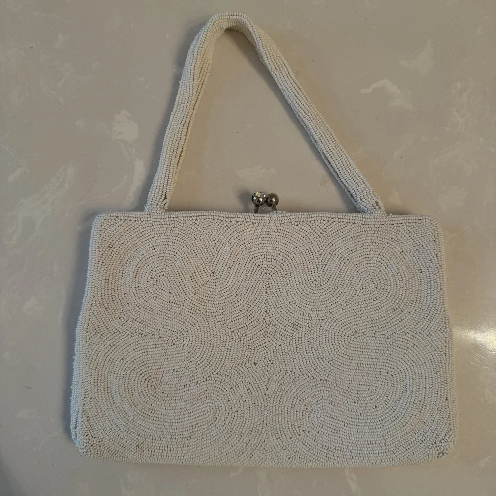 Vintage 60s Walborg Beaded Evening Bag Rhinestone Clasp White
